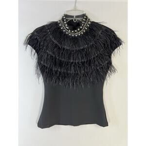 Gracia Black Stretch Short Sleeve Blouse with Ostrich Feather Trim Women’s S